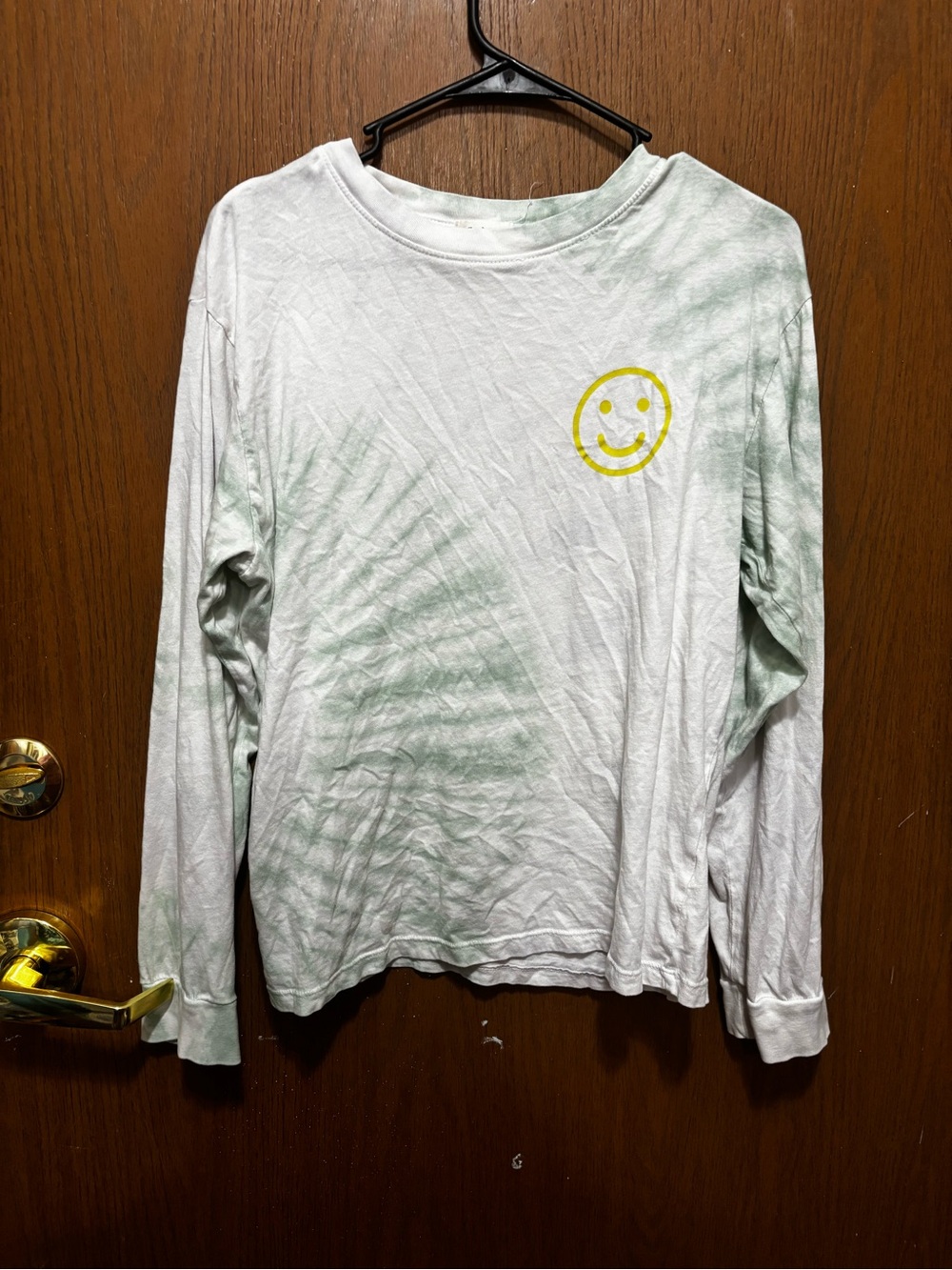 Women’s Long-Sleeve White Tee with Yellow Smiley and Mint Tie-Dye